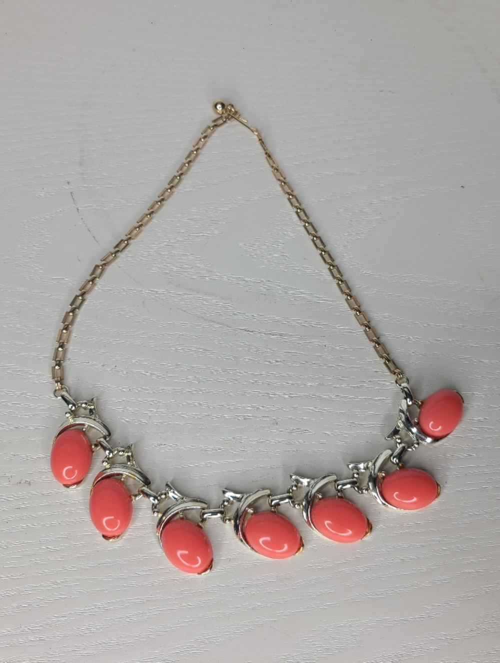 Vintage Coral Statement Necklace Gold Tone 16” Mid Century